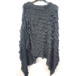Colleen Lopez Black Knitted Poncho Fringe Bottom Batwing Cape One Size Missy